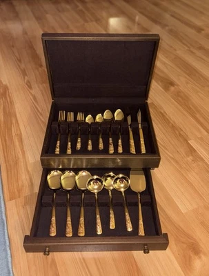 Vintage Gold Coated Stainless Steel Cutlery Set 67 Pieced Japan Made Wooden  Box - Image 1 of 4