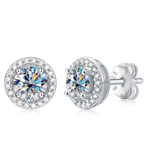 D Color VVS1 Real Moissanite Halo Stud Earrings For Women 925 Sterling Silver - Picture 1 of 20