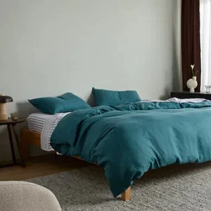 Biancheria da letto in lino colore blu teal set 3 pezzi copripiumino lino stonewashed - Foto 1 di 6