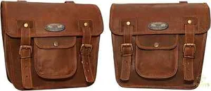 2x Genuine Vintage Leather Saddle Side Bag Motorcycle Panniers Luggage Tool Bags - Picture 1 of 11