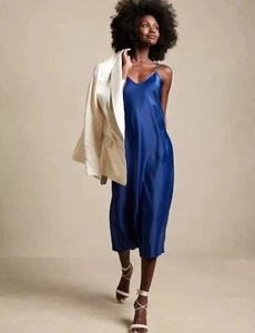 Banana Republic Factory V-Neck Midi Slip Dress Lazuli Blue Size Small NWT - Foto 1 di 6