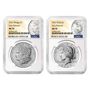2023 $1 Morgan and Peace Silver Dollar 2pc Set NGC MS70 ER Morgan &amp; Peace - Picture 1 of 3