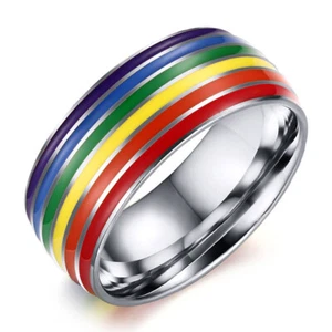 8 mm Qualität Gay Lesbian Pride LGBT Regenbogen Band Ring Edelstahl UK Gr. M-Y - Bild 1 von 2