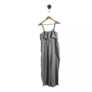 Zara Basic Medium Cotton Striped Blue White Cropped Ruffled Lightweight Jumpsuit - Picture 1 of 7