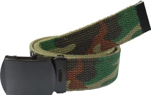 WOODLAND CAMO BELT WITH BLACK BUCKLE 100% Cotton Military Web Belts Rothco 4178 - Picture 1 of 47