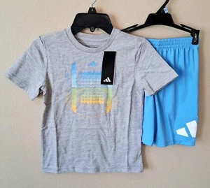 Adidas Shorts Set 6 Boys Blue Gray T-Shirt Graphics Logo - Picture 1 of 6