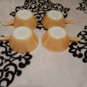 Vintage Fire King Bee Hive Handled Soup Bowl Oven Ware Peach Luster Set of 4 EUC - Picture 1 of 4