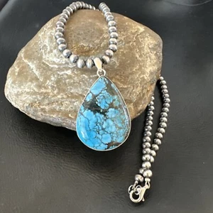 Men Women Navajo Sterling Silver Blue Spiderweb Turquoise Necklace Pendant 16302 - Picture 1 of 13