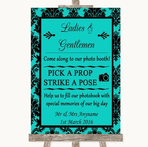Turquoise Damask Pick A Prop Photobooth Personalised Wedding Sign - Picture 1 of 8