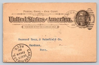 c1900 Postal Card DUPLEX Cancel ISAAC PROUTY CO Need Blank Forms For Time Clock - Image 1 of 3