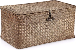 Wicker Shelf Baskets Bin with Lid, Handwoven Seagrass Basket Storage Bins Rectan - Picture 1 of 12