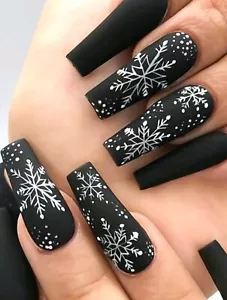 24 Piece Reusable Christmas Press On Nails Long Coffin Black Snowflake - Picture 1 of 4