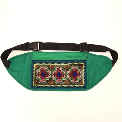 Ethnic Embroidered Fanny Pack Unisex Green Medallion Adj Black Strap Pouch Bag - Image 1 of 4