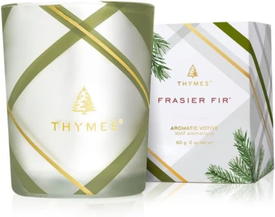 Thymes Frasier Fir Candle – Frosted Plaid Collection – Green & White Glass  - Image 1 of 4