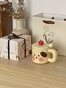 Coffee Cup with Lids, Blushing Puppy Coffee Ceramic Cups with Spoon, CuteMug - Picture 1 of 6