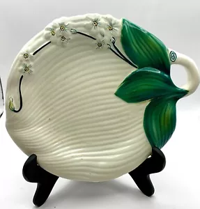 Italien Keramik Servierplatte ovale Form weiß floral erhaben Relief mit Griff - Bild 1 von 5