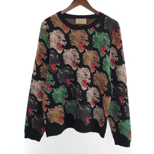 GUCCI Panther Face 526599 X9X30 Knit sweater Black Multicolor wool GG - Picture 1 of 10