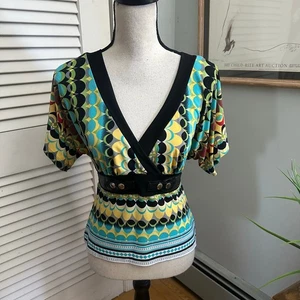 Vintage MISS BISOU Top Womens Medium Mod Print Babydoll Plunging Neck Retro Y2K  - Picture 1 of 8