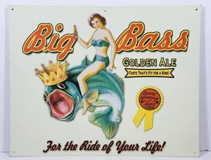 Big Bass Golden Ale Since 1946 Pin Up Angeln Bier Humor Blechschild Reproduktion - Bild 1 von 3