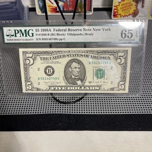 $5 1988A Federal Reserve Note New York Fr#1980-B ( BG Block)Villalpando Brady - Picture 1 of 7