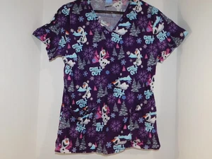 Disney Frozen Olaf Women’s Scrub Top Small V Neck Purple Multi “Chill Out” - Picture 1 of 4