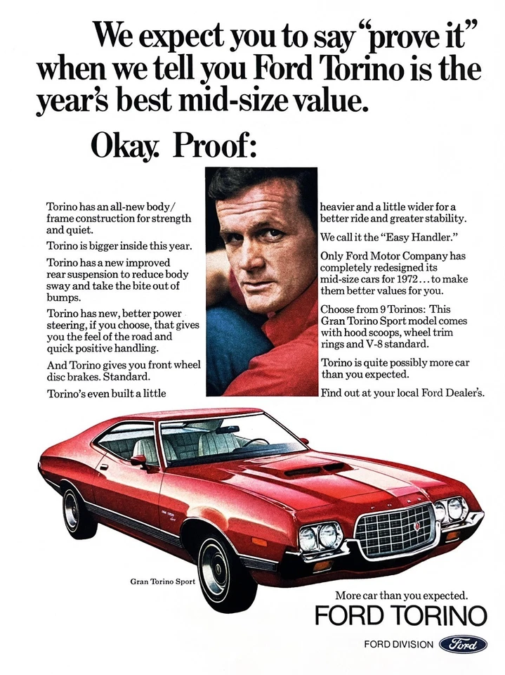 1972 FORD GRAN TORINO Genuine Vintage Print Ad Automobile Car Sports Car - Image 1 of 1