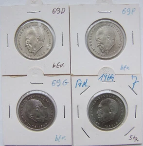 Münzen BRD Adenauer 2 DM 1969 D,F,G,J in Bankfrisch / Stempelglanz - Picture 1 of 1