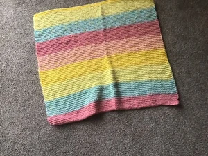 Baby Blanket Hand Knitted 30” X 30” Pink Yellow Green Stripe - Picture 1 of 2