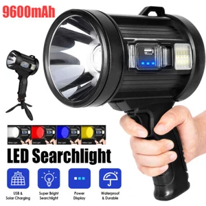 Solar LED Searchlight Rechargeable Spotlight Handheld Torch Light Lamp w Holder - Picture 1 of 19