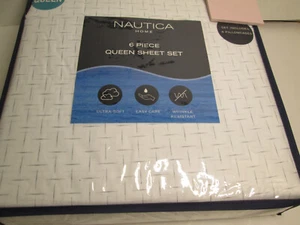 New 6 pc Set Nautica Home BAISDEN Queen Sheet Set Gray Grey and White New - Picture 1 of 4