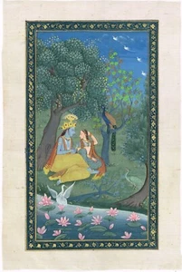 Pintura en miniatura india de Radha Krishna escena de amor en tela de seda 7x11 pulgadas - Imagen 1 de 6