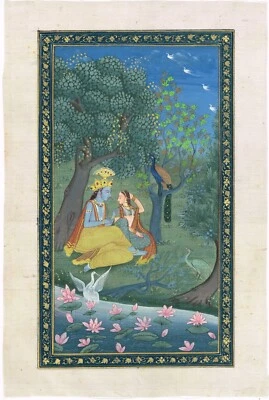 Pintura en miniatura india de Radha Krishna escena de amor en tela de seda 7x11 pulgadas Foto 1 de 4