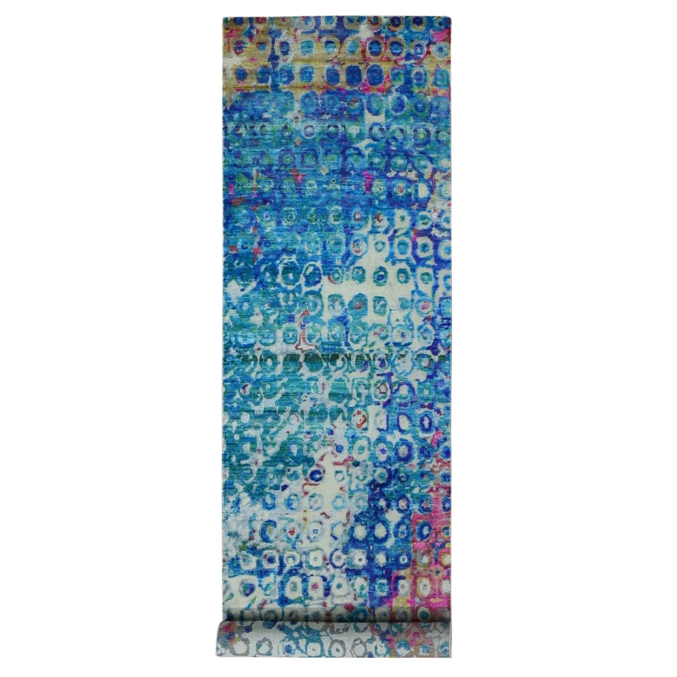 3'x12'4" Admiral Blue THE PEACOCK Sari Silk Hand Knotted Runner Rug G87681 - Image 1 of 4