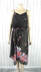 Vintage 70s 80s Sheer Black Floral Poly Blouson Sun Dress Prairie M/L Sleeveless - Picture 1 of 7