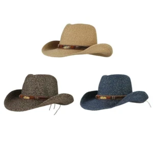 Straw Hat Breathable Wide Tense with Cowboy Style Belt Style Beach Occasion - Picture 1 of 13