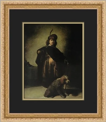 Auto-retrato de Rembrandt em uma fantasia oriental com um cachorro impressão emoldurada personalizada - Imagem 1 de 2