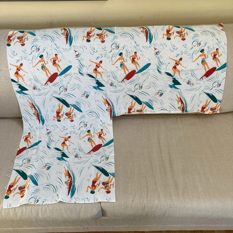 Vintage Retro Surf Surfer Cotton Fabric 1 Yard Irregular Cut Surfboard Ocean - Image 1 of 2
