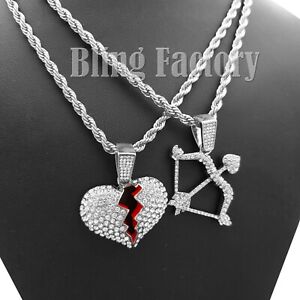 Iced CUPID BOW AND ARROW & BROKEN HEART Pendant 24" Rope Chain Hip Hop Necklace