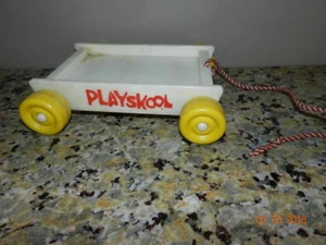 Vintage Playskool Pull Toy Wagon white yellow wheels - Picture 1 of 1