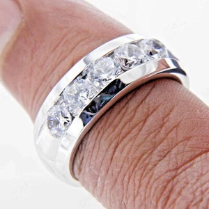 4MM White Round Cut Stone Mens Engagement Wedding Ring In Solid 14K White Gold - Picture 1 of 5