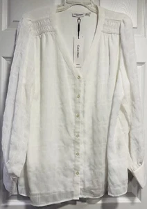 Womens Plus Calvin Klein Long Sleeve Chiffon V-Neck Ruched Shoulder Top ~ Sz 1X - Picture 1 of 6