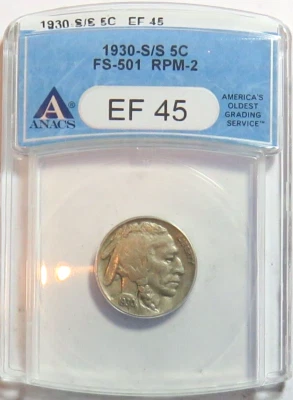 US Buffalo Nickel Error Coin: 1930 S/S RPM 2 FS-501 ~ ANACS EF45 Old Holder - Image 1 of 2