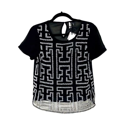Top Topshop para mujer talla 2 negro con cuentas manga corta ojo de cerradura dobladillo curvo trasero Foto 1 de 4