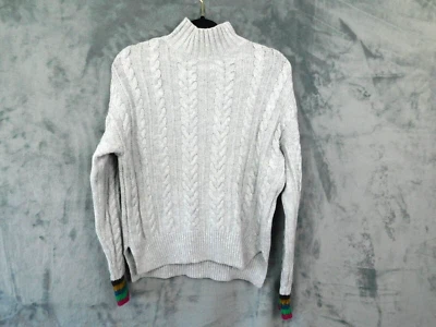 Boden Sweater Womens Medium Gray Rainbow Sleeves Wool Alpaca Turtleneck Cable - Image 1 of 4