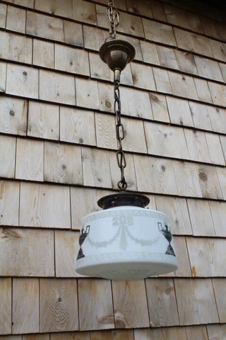 Antique Art Deco Art Nouveau Pendant Light Fixture Great Glass Shade Urn Drapery Cover