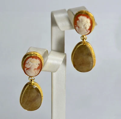 ORECCHINI ARGENTO 925 DORATO   CAMMEI CORNEOLA CORIDONI OLOR SABBIA     AGHT 077 - Immagine 1 di 3