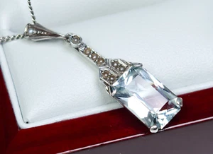 Silver - Antique Art Deco Pendant - 3.50ct Natural Aquamarine - Seed Pearls - Picture 1 of 6