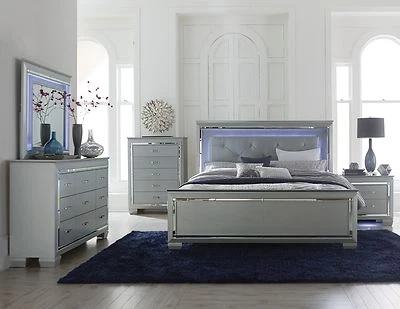 GLITZY SILVER GREY MIRRORED LED LIGHT KING BED NS DRESSER BEDROOM FURNITURE SET - Image 1 of 4