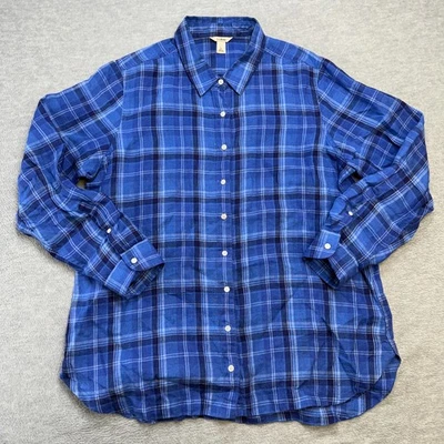 LL Shirt Womens Large Petite Blue Plaid Linen Button Up Lightweight Top Blouse - Image 1 of 4