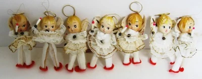 Juego de 7 adornos de ángel de Navidad - fieltro, encaje, chenilla - Japón vintage años 50 Foto 1 de 4